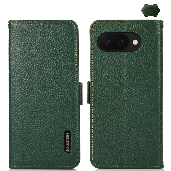 For Google Pixel 9a KHAZNEH Side-Magnetic Litchi Genuine Leather RFID Phone Case(Green)