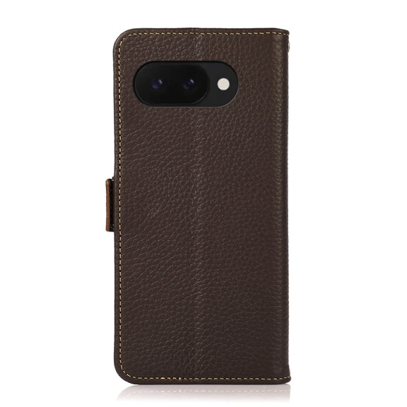 For Google Pixel 9a KHAZNEH Side-Magnetic Litchi Genuine Leather RFID Phone Case(Brown)