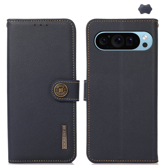 For Google Pixel 9 KHAZNEH Custer Genuine Leather RFID Phone Case(Blue)