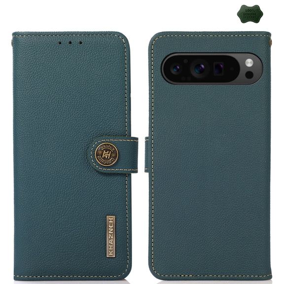 For Google Pixel 9 Pro KHAZNEH Custer Genuine Leather RFID Phone Case(Green)