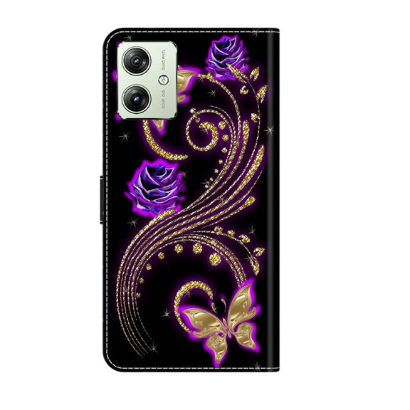 For Motorola Moto G54 Crystal 3D Shockproof Protective Leather Phone Case(Purple Flower Butterfly)
