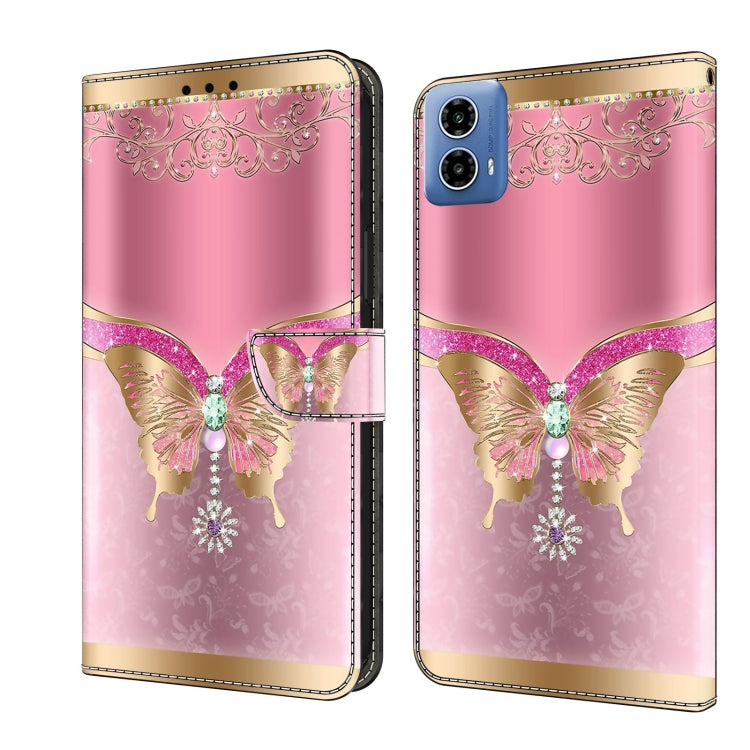 For Motorola Moto G34 Crystal 3D Shockproof Protective Leather Phone Case(Pink Bottom Butterfly)
