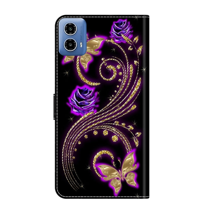 For Motorola Moto G34 Crystal 3D Shockproof Protective Leather Phone Case(Purple Flower Butterfly)