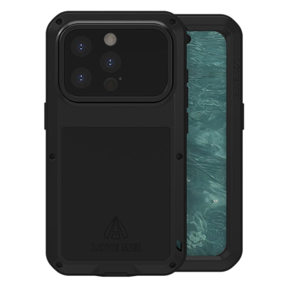 For iPhone 15 Pro LOVE MEI Metal Shockproof Life Water-resistant Dustproof Phone Case(Black)