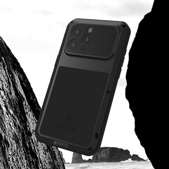 For iPhone 15 Pro Max LOVE MEI Metal Shockproof Life Water-resistant Dustproof Phone Case(Black)