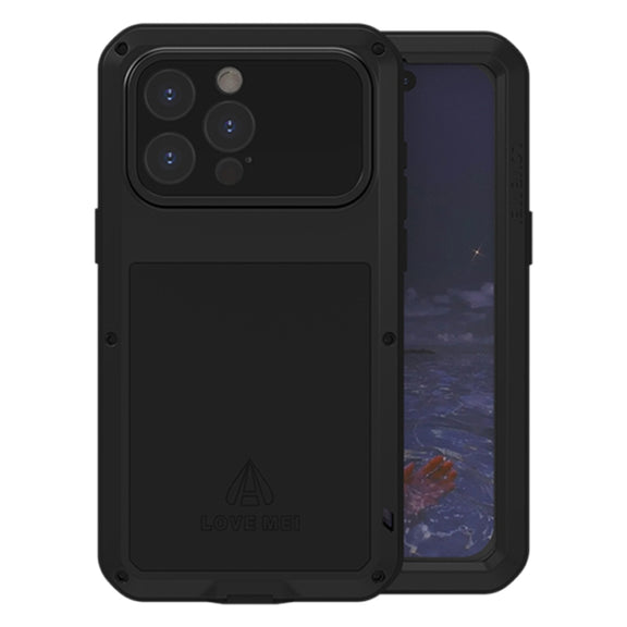 For iPhone 15 Pro Max LOVE MEI Metal Shockproof Life Water-resistant Dustproof Phone Case(Black)