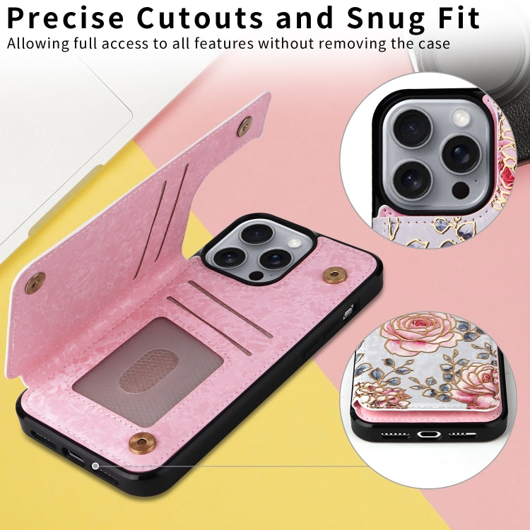 For iPhone 16 Pro Max Printed Double Buckle RFID Anti-theft Phone Case(Pastoral Rose)