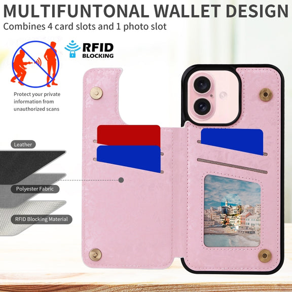 For iPhone 16 Printed Double Buckle RFID Anti-theft Phone Case(Pastoral Rose)