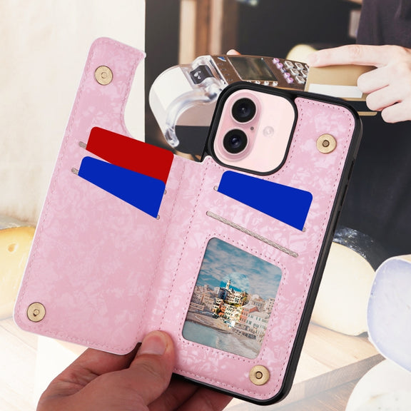 For iPhone 16 Printed Double Buckle RFID Anti-theft Phone Case(Pastoral Rose)