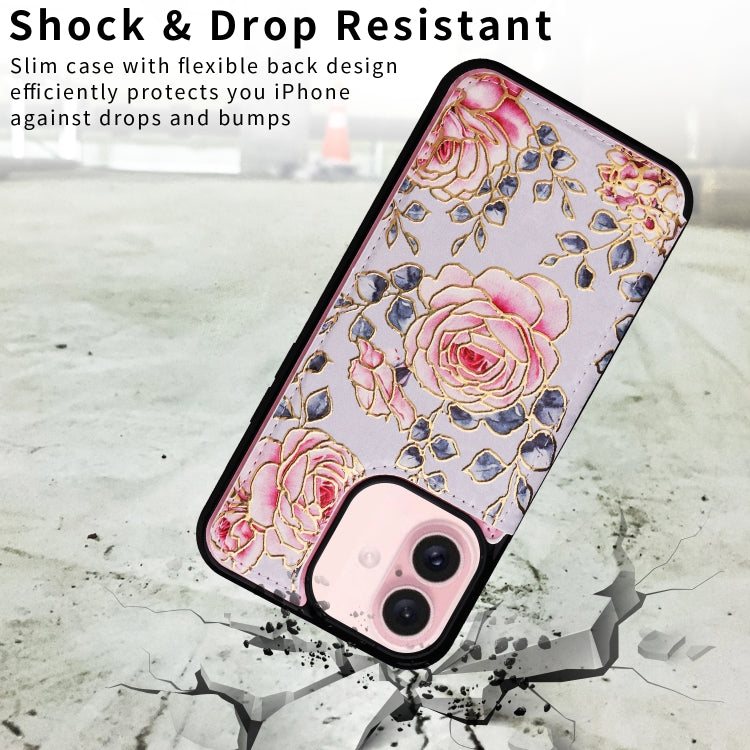 For iPhone 16 Printed Double Buckle RFID Anti-theft Phone Case(Pastoral Rose)