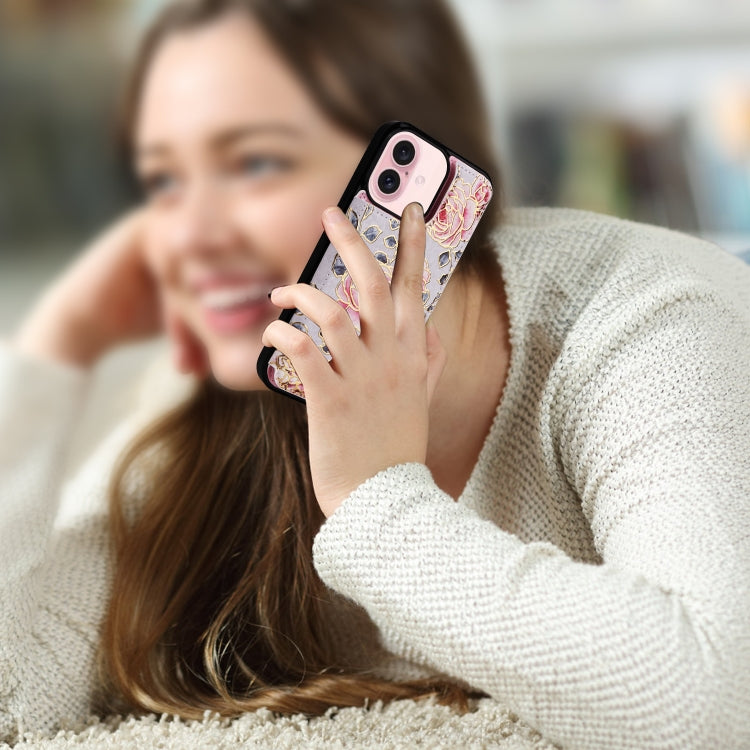 For iPhone 16 Printed Double Buckle RFID Anti-theft Phone Case(Pastoral Rose)