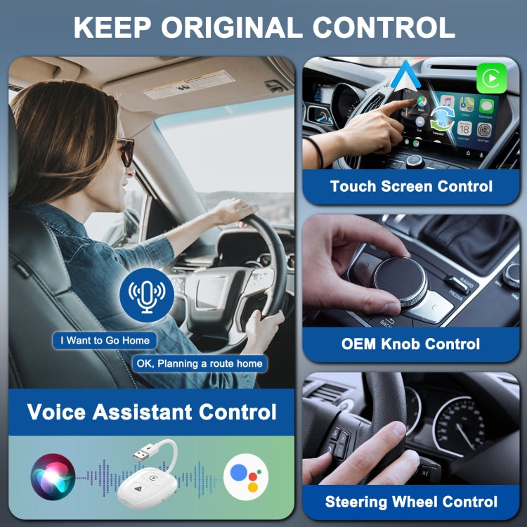 THT-020-9-1 USB + USB-C / Type-C Wired to Wireless Carplay / Android Auto Adapter(White)