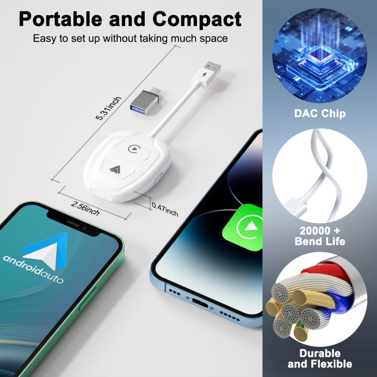 THT-020-9-1 USB + USB-C / Type-C Wired to Wireless Carplay / Android Auto Adapter(White)