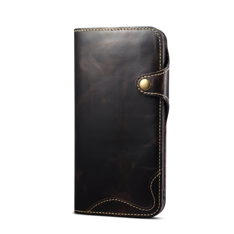 For iPhone 15 Pro Max Denior Oil Wax Cowhide Magnetic Button Genuine Leather Case(Black)