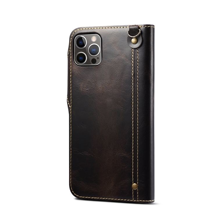 For iPhone 15 Pro Max Denior Oil Wax Cowhide Magnetic Button Genuine Leather Case(Black)