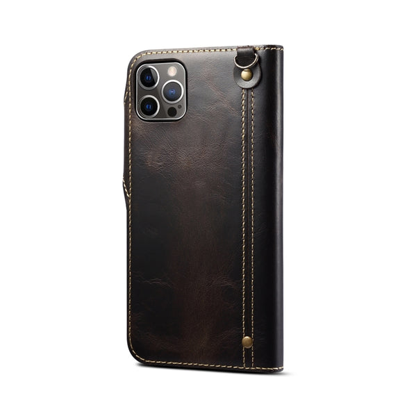 For iPhone 15 Pro Max Denior Oil Wax Cowhide Magnetic Button Genuine Leather Case(Black)
