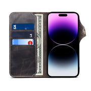 For iPhone 15 Pro Max Denior Oil Wax Cowhide Magnetic Button Genuine Leather Case(Black)