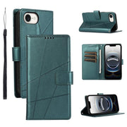 For iPhone 16e PU Genuine Leather Texture Embossed Line Phone Case(Green)