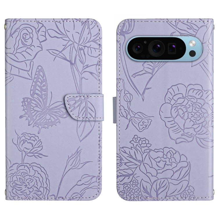 For Google Pixel 9 Skin Feel Butterfly Embossed Flip Leather Phone Case(Purple)
