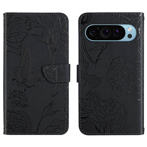 For Google Pixel 9 Skin Feel Butterfly Embossed Flip Leather Phone Case(Black)
