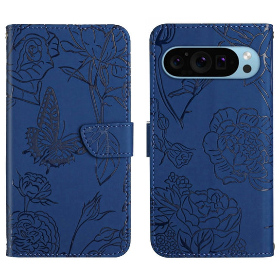 For Google Pixel 9 Skin Feel Butterfly Embossed Flip Leather Phone Case(Blue)