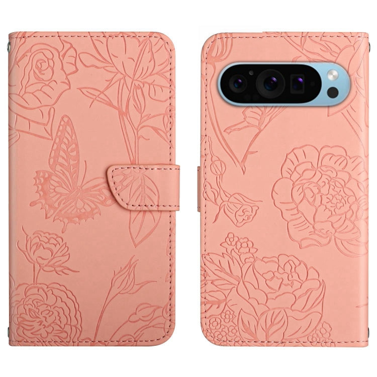 For Google Pixel 9 Skin Feel Butterfly Embossed Flip Leather Phone Case(Pink)