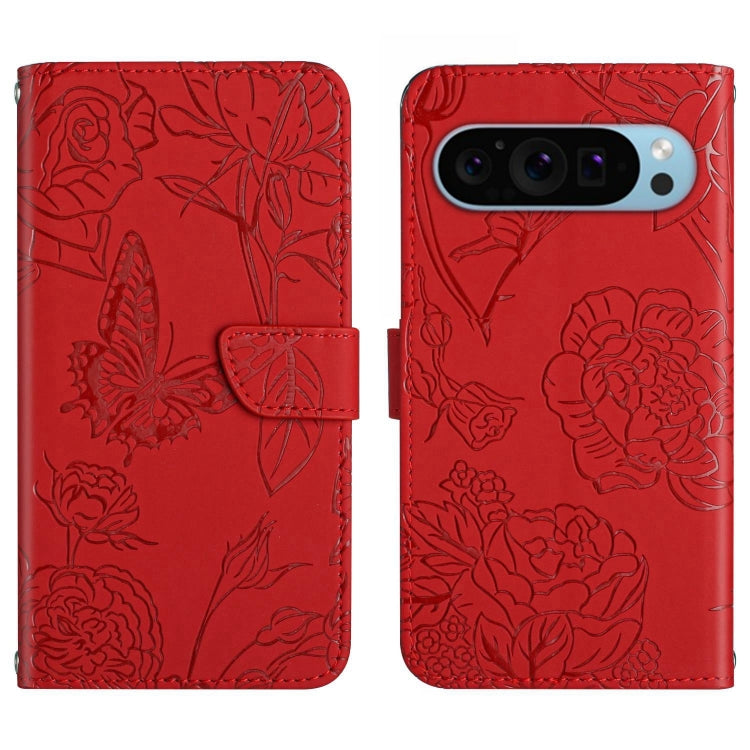 For Google Pixel 9 Skin Feel Butterfly Embossed Flip Leather Phone Case(Red)