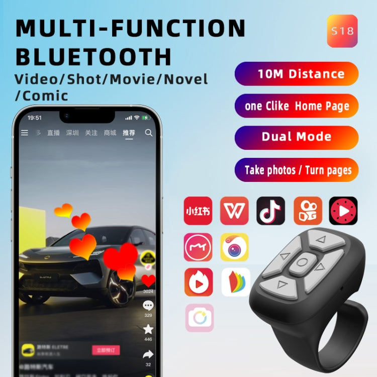 S18 Portable Smart Wireless Bluetooth Ring Remote Control(Black)