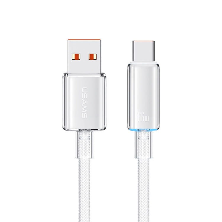 USAMS USB To Type-C 6A Aluminum Alloy Clear LED Fast Charge Data Cable, Length: 1.2m(White)