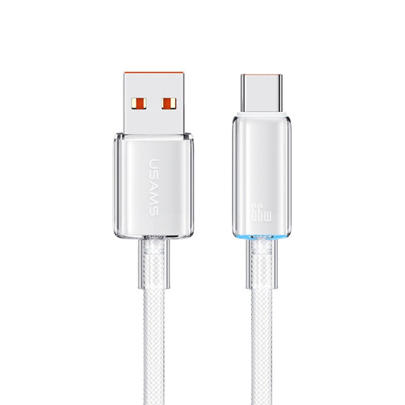 USAMS USB To Type-C 6A Aluminum Alloy Clear LED Fast Charge Data Cable, Length: 1.2m(White)