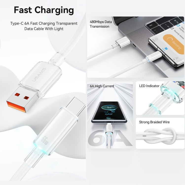 USAMS USB To Type-C 6A Aluminum Alloy Clear LED Fast Charge Data Cable, Length: 1.2m(Blue)