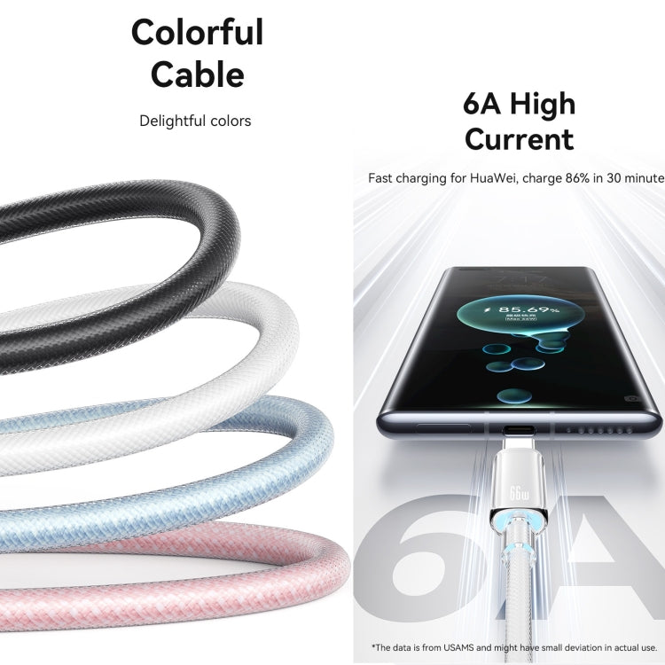 USAMS USB To Type-C 6A Aluminum Alloy Clear LED Fast Charge Data Cable, Length: 1.2m(White)