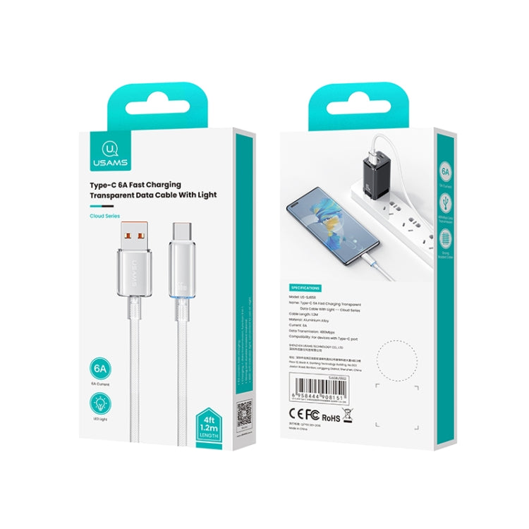 USAMS USB To Type-C 6A Aluminum Alloy Clear LED Fast Charge Data Cable, Length: 1.2m(Blue)