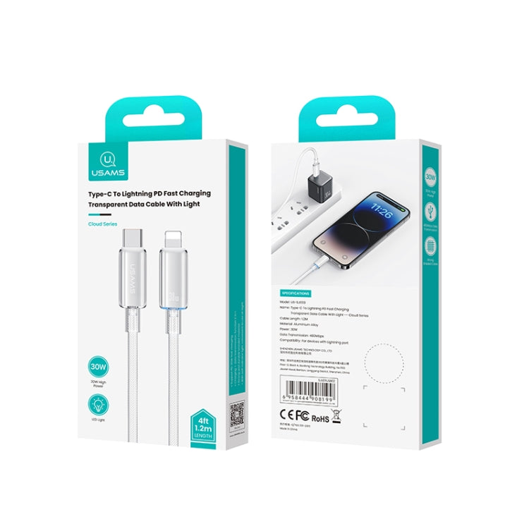 USAMS Type-C To 8 Pin Aluminum Alloy Clear LED 30W PD Fast Charge Data Cable, Length:1.2m(Black)