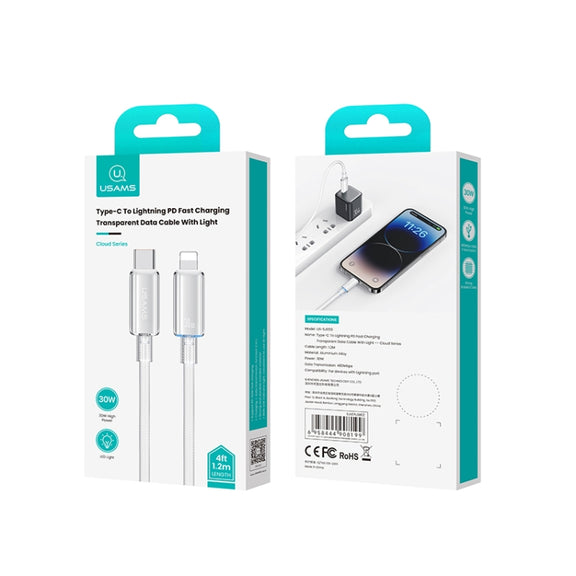 USAMS Type-C To 8 Pin Aluminum Alloy Clear LED 30W PD Fast Charge Data Cable, Length:1.2m(Black)