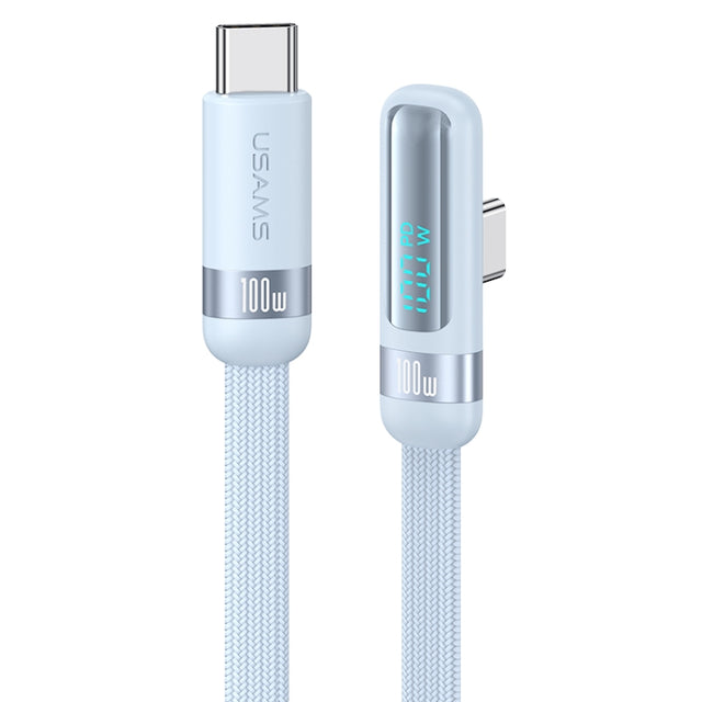 USAMS US-SJ653 PD 100W USB-C/Type-C to USB-C/Type-C Aluminum Alloy Digital Display Fast Charging Elbow Data Cable, Length: 1.2m(Blue)
