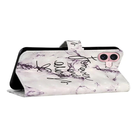 For iPhone 16 Oil Embossed 3D Drawing Leather Phone Case(Words Marble)