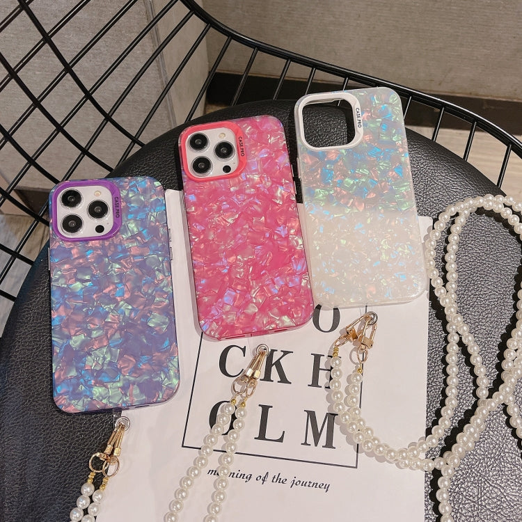 For iPhone 14 Pro Max Shell Texture Crossbody Pearl Chain TPU Hybrid Acrylic Phone Case(Rose Red)