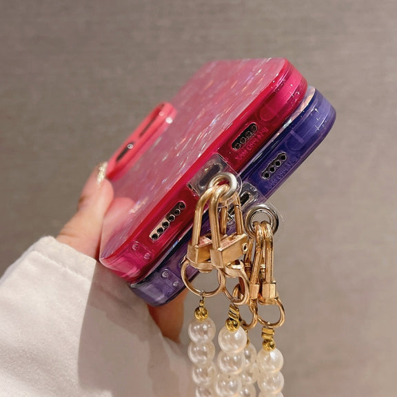 For iPhone 14 Pro Max Shell Texture Crossbody Pearl Chain TPU Hybrid Acrylic Phone Case(Rose Red)