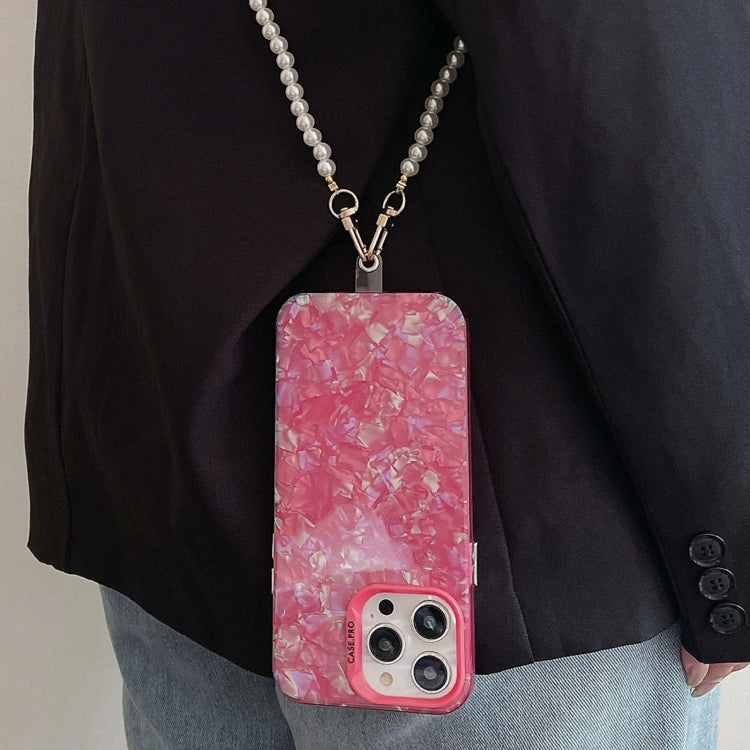 For iPhone 14 Pro Max Shell Texture Crossbody Pearl Chain TPU Hybrid Acrylic Phone Case(Rose Red)