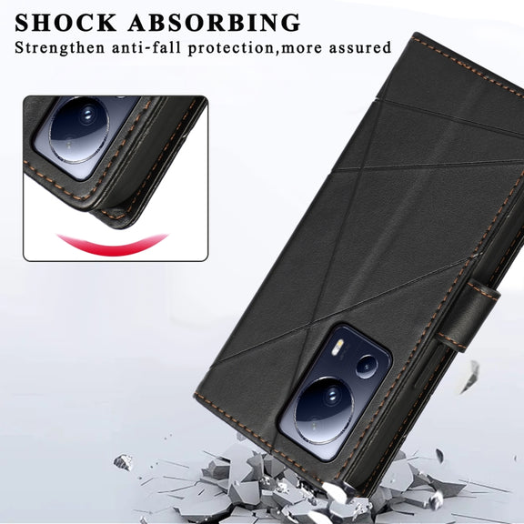 For Xiaomi 13 Lite PU Genuine Leather Texture Embossed Line Phone Case(Black)