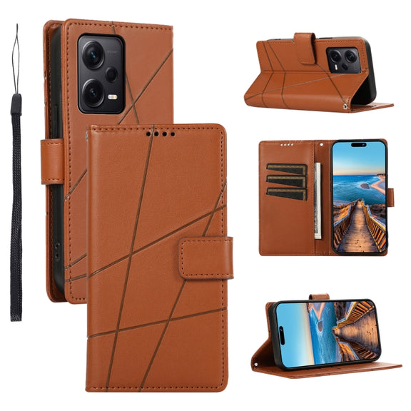 For Xiaomi Redmi Note 12 Pro+ 5G Global PU Genuine Leather Texture Embossed Line Phone Case(Brown)