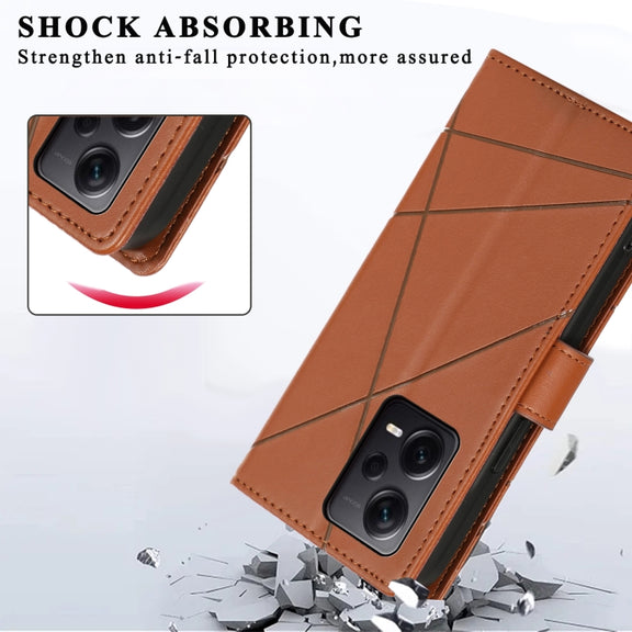 For Xiaomi Redmi Note 12 Pro+ 5G Global PU Genuine Leather Texture Embossed Line Phone Case(Brown)