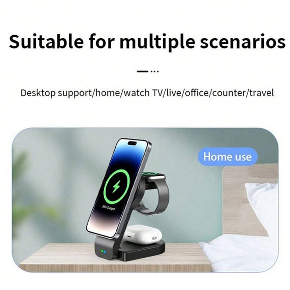 B-23 3 in 1 Foldable Magnetic Wireless Charger Phone Holder, Plug:EU Plug(White)