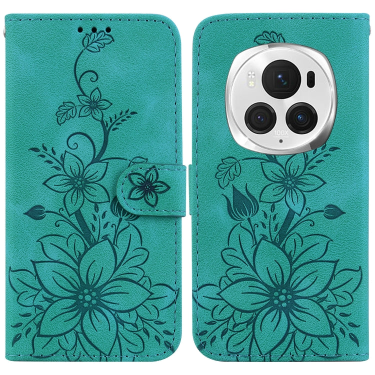 For Honor Magic6 Pro Lily Embossed Leather Phone Case(Green)
