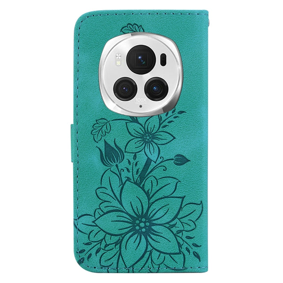 For Honor Magic6 Pro Lily Embossed Leather Phone Case(Green)
