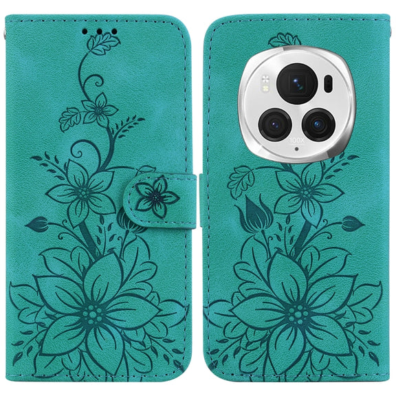 For Honor Magic6 Pro Lily Embossed Leather Phone Case(Green)