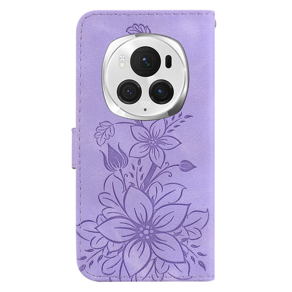 For Honor Magic6 Pro Lily Embossed Leather Phone Case(Purple)