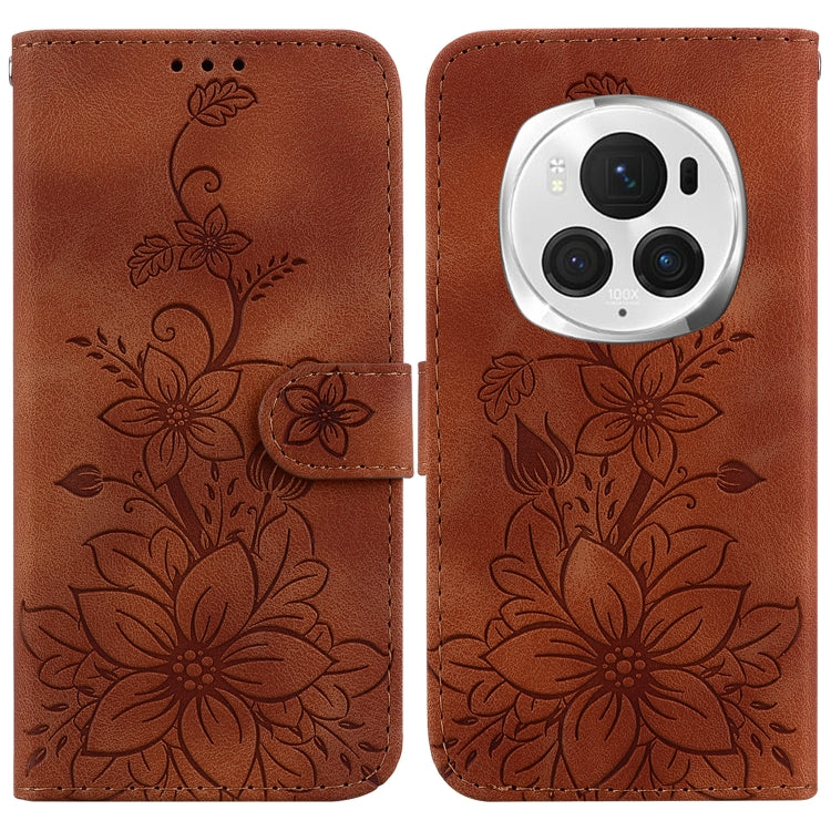 For Honor Magic6 Pro Lily Embossed Leather Phone Case(Brown)