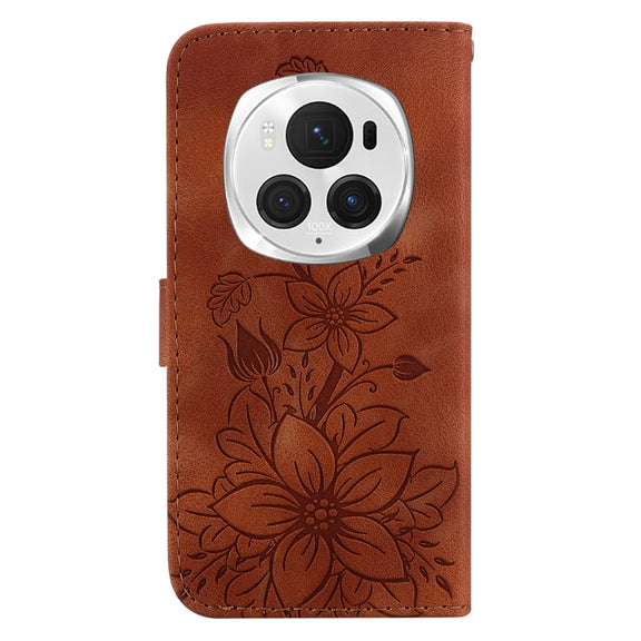 For Honor Magic6 Pro Lily Embossed Leather Phone Case(Brown)
